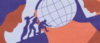 graphic of three people holding up the world with profiles of two figures on the side